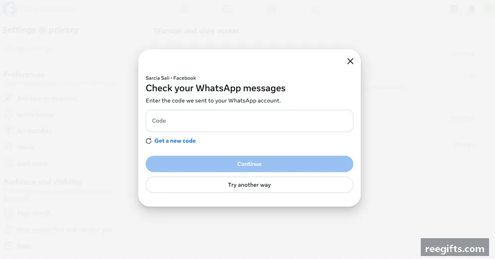 Facebook 要求通过 WhatsApp 接收验证码的提示