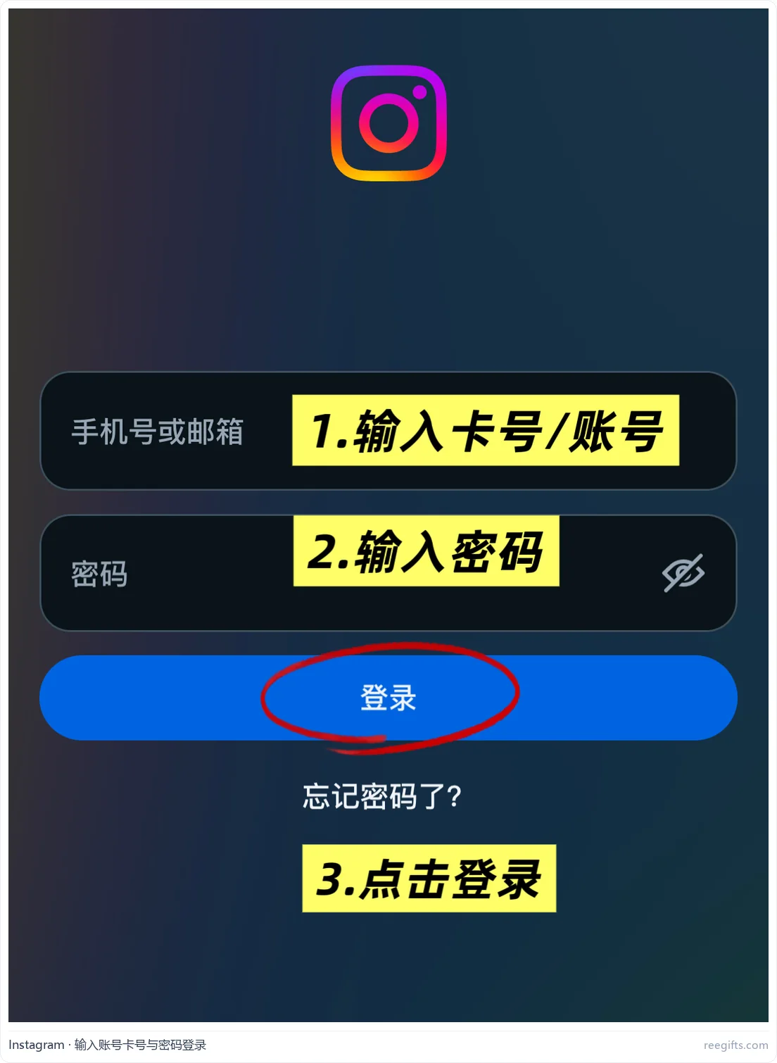 Instagram 登录页:输入卡号与密码