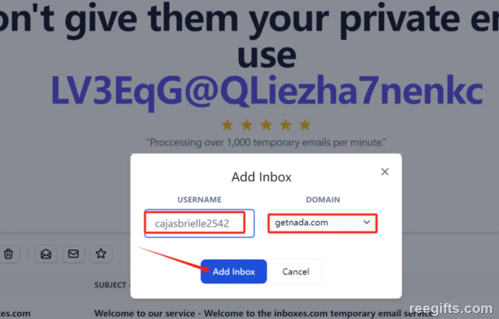 临时邮箱首页，输入用户名并选择域名后点 Add Inbox