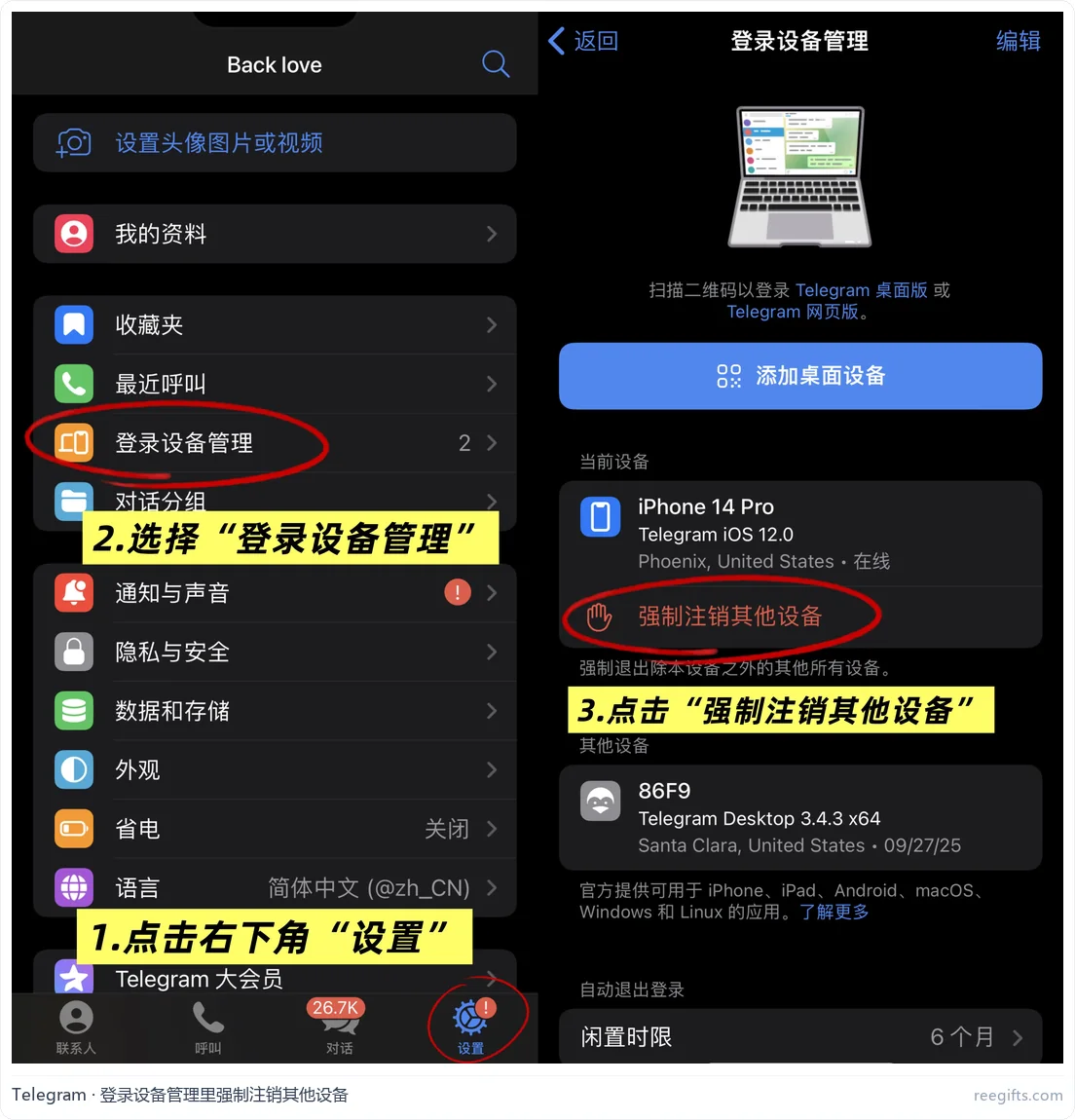 Telegram 登录设备管理:强制注销其他设备