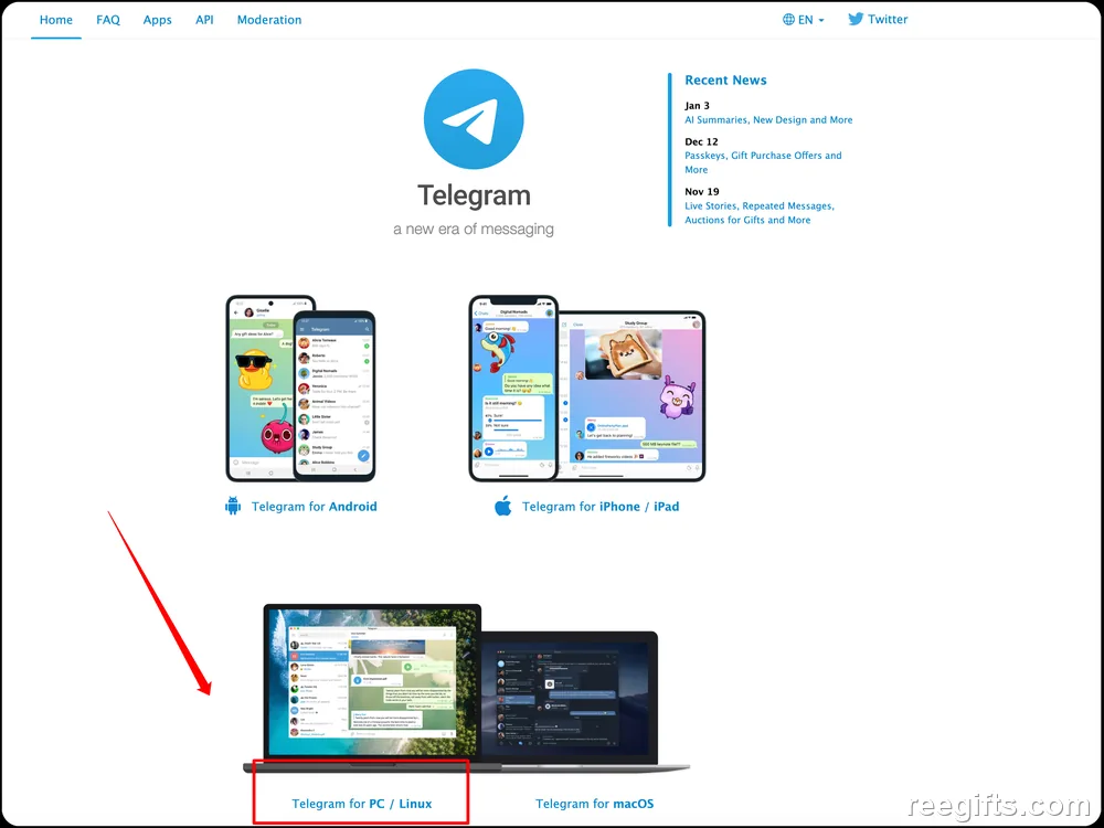 Telegram 官网首页的桌面版下载入口