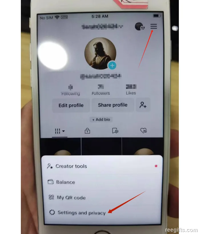 TikTok 个人主页菜单中的 Settings and privacy 入口