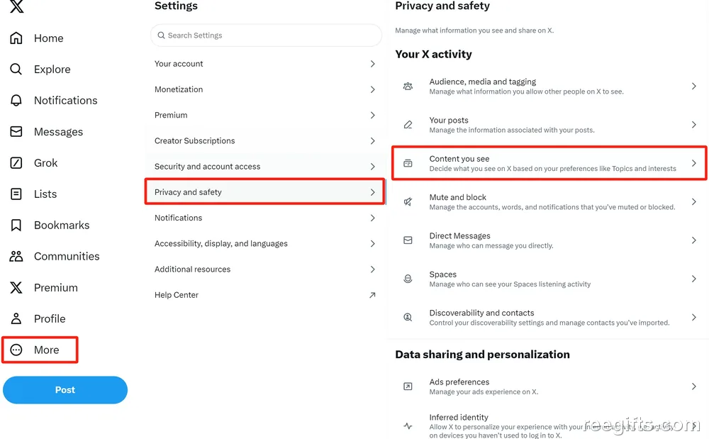 Privacy and safety 页面中的 Content you see 入口